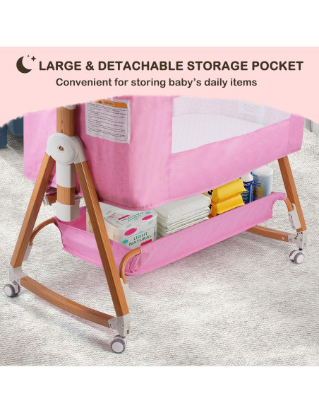 Cuna 4 en 1 BIERUM Rosa Ajustable 6 Alturas con Ruedas