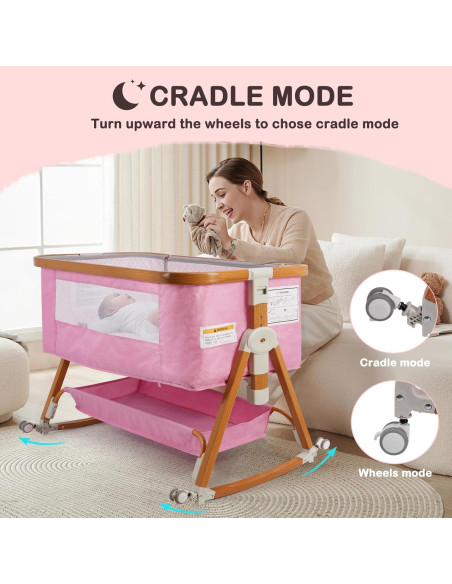 Cuna 4 en 1 BIERUM Rosa Ajustable 6 Alturas con Ruedas