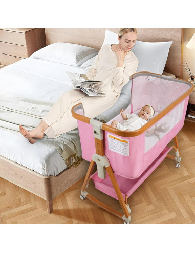Cuna 4 en 1 BIERUM Rosa Ajustable 6 Alturas con Ruedas