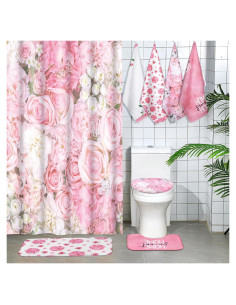 Conjunto de Cortina de Ducha Honoson 8 Piezas Rosa Floral
