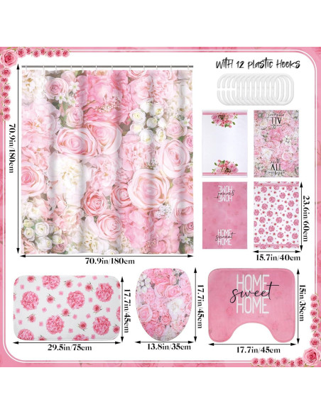 Conjunto de Cortina de Ducha Honoson 8 Piezas Rosa Floral