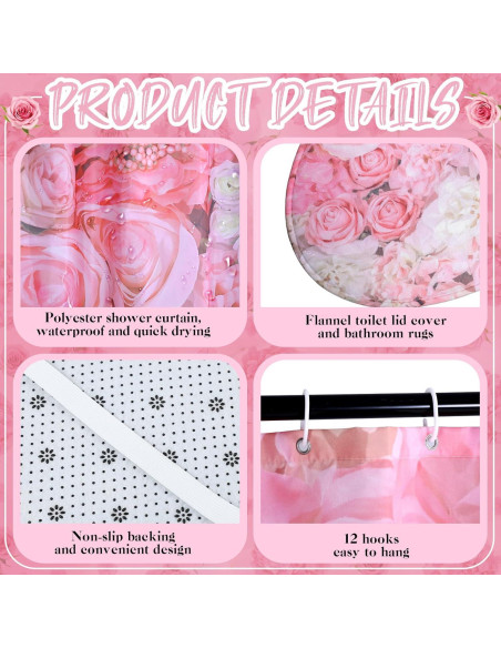 Conjunto de Cortina de Ducha Honoson 8 Piezas Rosa Floral