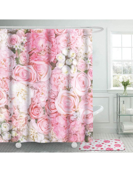 Conjunto de Cortina de Ducha Honoson 8 Piezas Rosa Floral