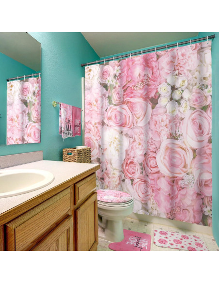 Conjunto de Cortina de Ducha Honoson 8 Piezas Rosa Floral