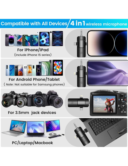 Micrófono Lavalier Inalámbrico DAGIRT 4 en 1 para iPhone/Android/PC