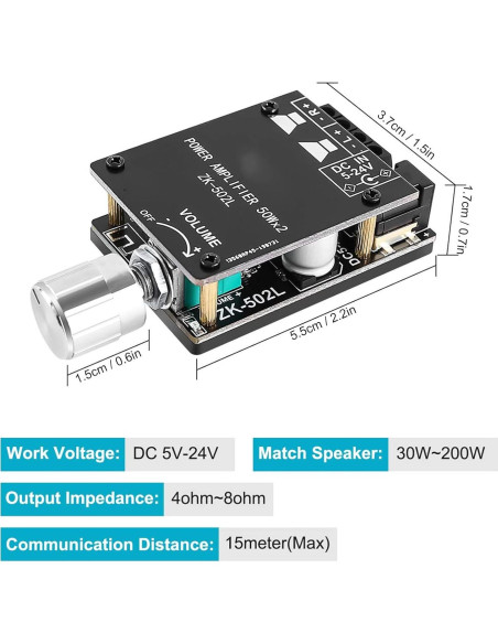 Placa Amplificadora de Potencia Bluetooth 5.0 ZK-502L 20W-50W