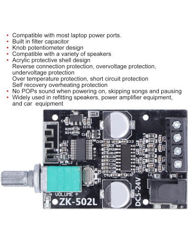 Placa Amplificadora de Potencia Bluetooth 5.0 ZK-502L 20W-50W