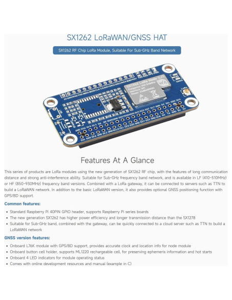 Módulo LoRaWAN SX1262 Waveshare con Antena Magnética 868/915M