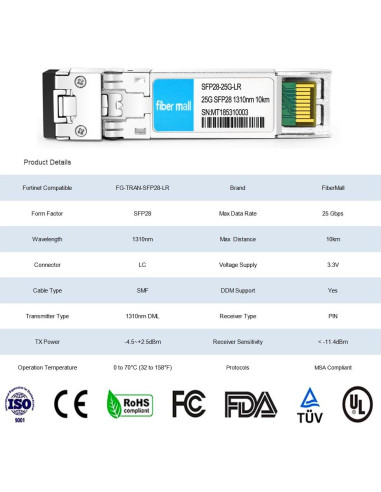 Transceptor óptico 25G SFP28 Fiber Mall 10km LC SMF