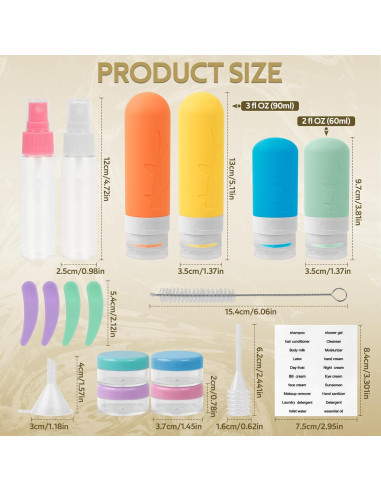 Kit de 19 Botellas de Viaje Silicona A Prueba de Fugas 90ml