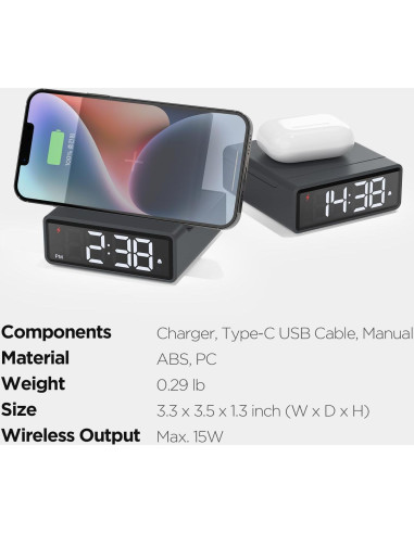 Cargador Inalámbrico Rápido 15W mooas con Reloj Mini Gris