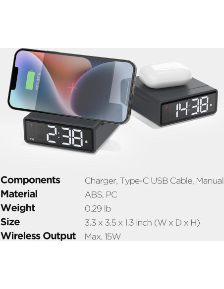 Cargador Inalámbrico Rápido 15W mooas con Reloj Mini Gris
