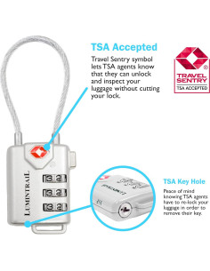 Candado TSA Lumintrail Plata 3 Dígitos con Cable 1.22m 2