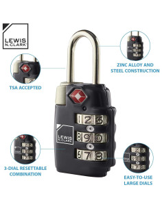Candado de Equipaje TSA Lewis N. Clark 3 Dígitos Negro - Paquete de 2 2