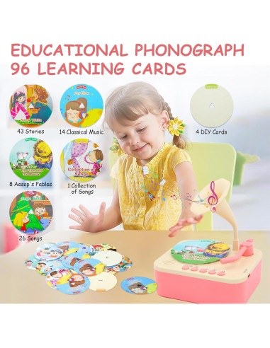 Gramófono Interactivo para Niños Ghousetec con 96 Tarjetas