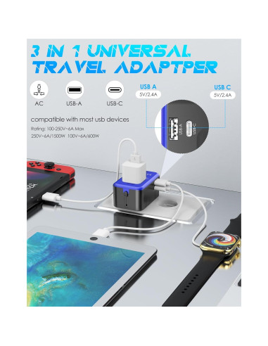 Adaptador de Viaje Universal URJD 2 Puertos USB Tipo C y A
