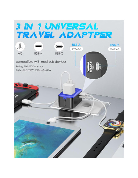 Adaptador de Viaje Universal URJD 2 Puertos USB Tipo C y A