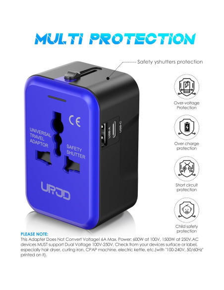 Adaptador de Viaje Universal URJD 2 Puertos USB Tipo C y A