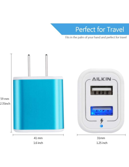 Cargador de pared USB AILKIN 2Pack 2.1A carga rápida azul