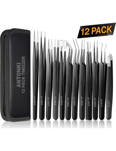 Juego de Pinzas de Precisión Antonki 12 Piezas con Estuche