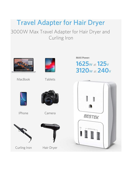 Adaptador de Viaje Internacional BESTEK 3000W con USB-C