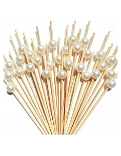 200 Palillos de Cóctel Amovvita de Bambú con Perla Blanca