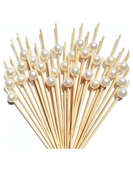 200 Palillos de Cóctel Amovvita de Bambú con Perla Blanca
