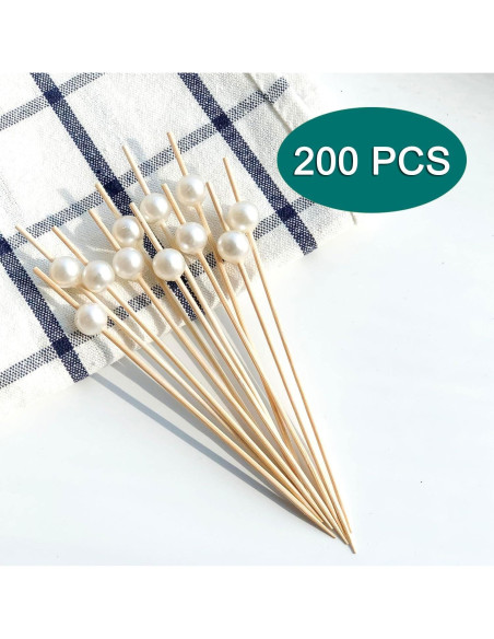 200 Palillos de Cóctel Amovvita de Bambú con Perla Blanca