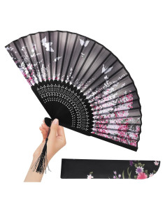 Abanico Plegable de Mano Threetols Floral Negro con Borla