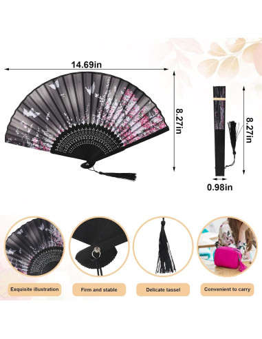 Abanico Plegable de Mano Threetols Floral Negro con Borla