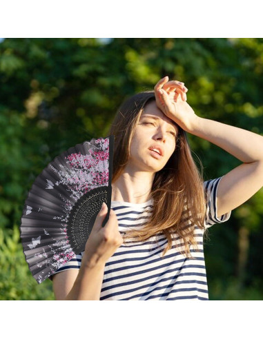 Abanico Plegable de Mano Threetols Floral Negro con Borla