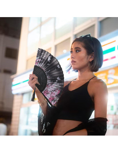 Abanico Plegable de Mano Threetols Floral Negro con Borla