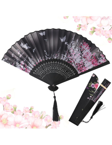 Abanico Plegable de Mano Threetols Floral Negro con Borla