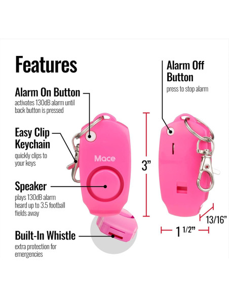 Alarma Personal Mace Rosa Neón - Sirena 130dB y Silbato