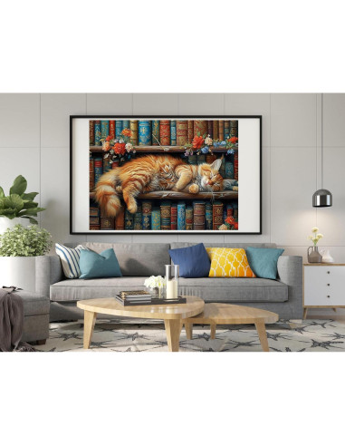 Kit de Bordado de Cruz Moohue 14CT Gato y Flores 43x32cm