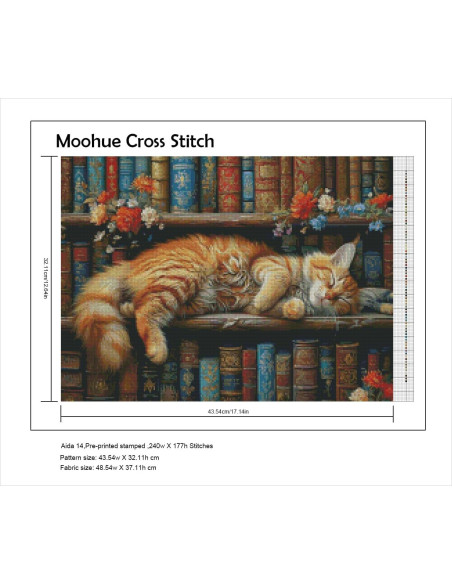 Kit de Bordado de Cruz Moohue 14CT Gato y Flores 43x32cm