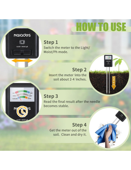 Medidor de humedad, luz y pH Naiades P407 para plantas