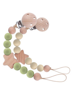 Clip de Chupete de Silicona y Madera Verde - 2 Piezas