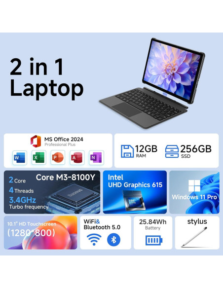 Laptop 2 en 1 EYY 10.1" Touch, 12GB RAM, 256GB SSD, Win 11