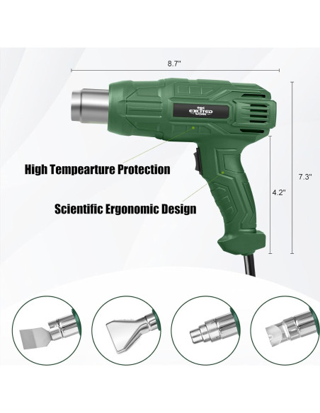 Soplete de Calor 1500W Excited Work con 4 Boquillas y Doble Temperatura