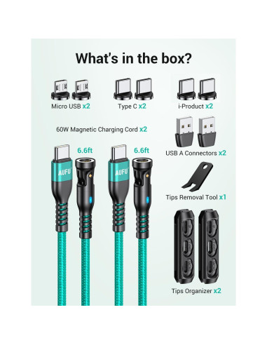 Cable de Carga Magnético AUFU 60W 1.83m Tipo C/Micro USB Verde