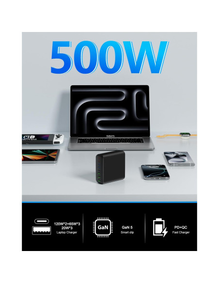 Cargador USB C 500W 8 Puertos Rápido PD 120W Negro