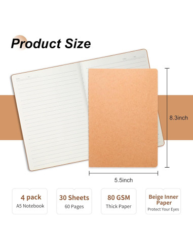 Cuadernos A5 Rayados Kraft miikoul - 4 Pack 60 Páginas