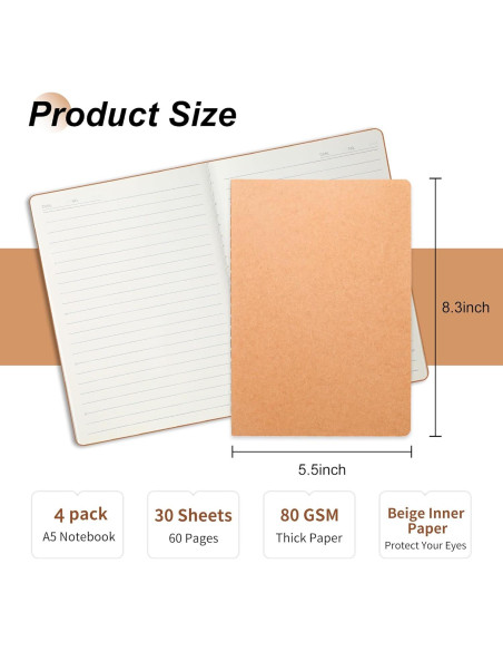 Cuadernos A5 Rayados Kraft miikoul - 4 Pack 60 Páginas