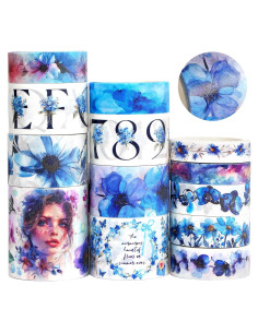 Juego de Washi Tape 13 Rollos - Cintas Decorativas Azules Brillantes