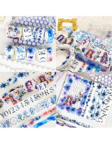 Juego de Washi Tape 13 Rollos - Cintas Decorativas Azules Brillantes