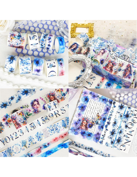 Juego de Washi Tape 13 Rollos - Cintas Decorativas Azules Brillantes