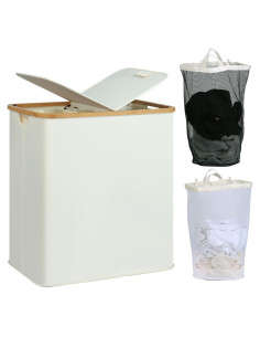 Cesto de Ropa Doble efluky 140L Beige con Tapa y Mangos