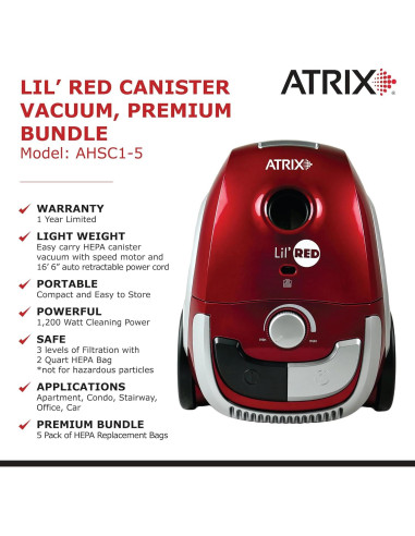 Aspiradora de Canasta Atrix Lil Roja HEPA 1200W Paquete Premium