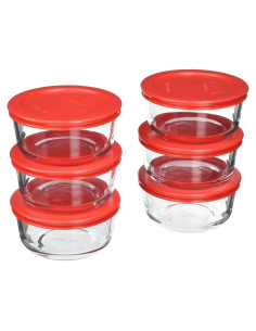 Set de 6 Tazones de Vidrio Pyrex 2 Tazas con Tapas Rojas